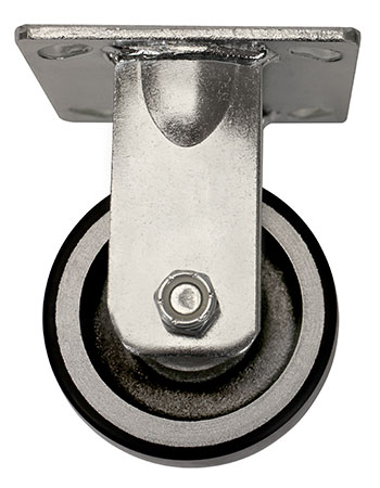 Side view of rigid caster with black and silver wheel